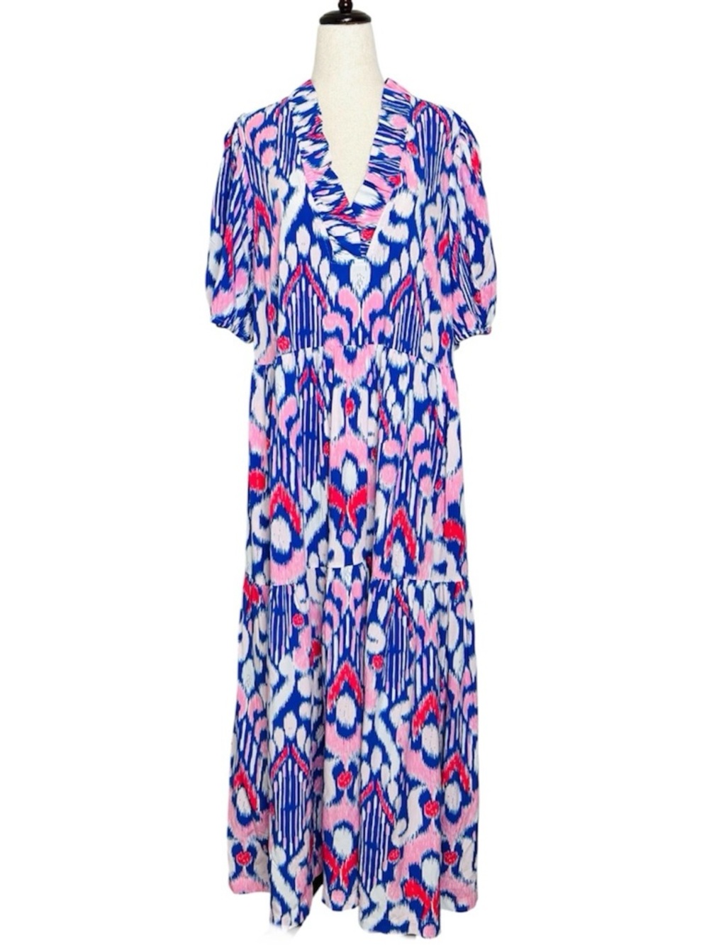 Crown & Ivy Pink and Blue Ikat Pattern Tiered Maxi Dress, Short Sleeves, size XL